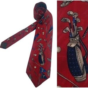 Arnold Palmer Mens 100% Silk Necktie Golf Theme Bags Clubs Shoes Golf Balls Red
